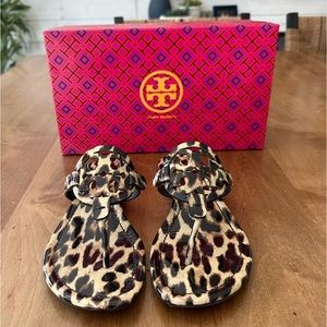 Tory Burch Miller Leopard Printed Patent Sandals, size 8